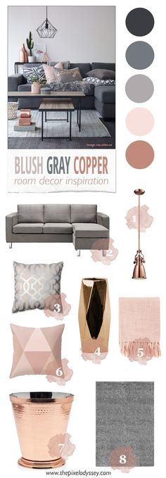 the color scheme for blush gray copper is shown in pink, grey and gold tones