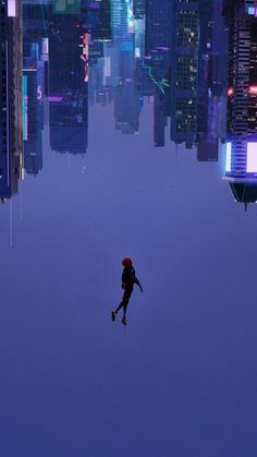 a man is floating in the air over a cityscape with tall buildings and skyscrapers