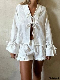 Olivia Mark - Ruffle Trim Short Sleeve Shirt with Tie Front Blouse and Belted Pants Set Brunch Tops, 2 Piece Short Set, Lantern Sleeved Blouses, Bow Shirts, Moda Paris, Ruffle Pants, Summer Lace, Belted Pants, Tie Front Blouse