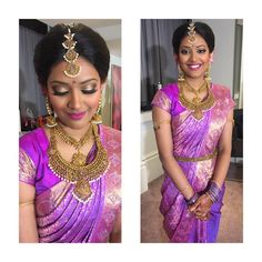 South Indian bride. Gold temple jewelry. Jhumkis.Purple silk kanchipuram sari.Bun.Tamil bride. Telugu bride. Kannada bride. Hindu bride. Malayalee bride.Kerala bride.South Indian wedding Bride Kerala, Red Saree Wedding, Telugu Bride, Kerala Bride, Tamil Brides, South Indian Sarees, Temple Jewelry