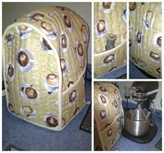 four pictures of the inside of a bag with coffee beans on it and an espresso machine next to it