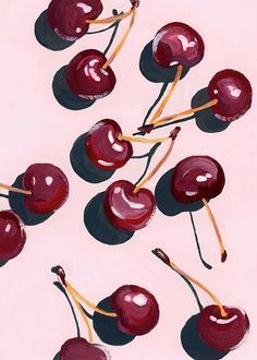 a painting of cherries with toothpicks sticking out of the top, on a pink background