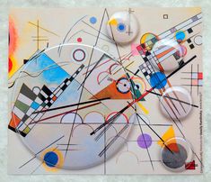 an abstract painting with circles, lines, and shapes on a white background is shown