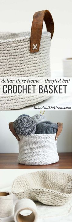 crochet basket made with yarn and leather handles is the perfect way to store your items