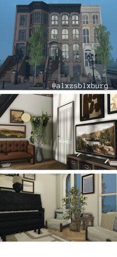 three different views of a living room with couches, tables and pictures on the wall