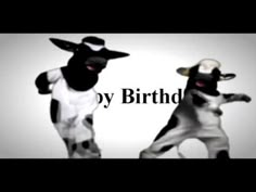 two black and white cows standing next to each other with the words happy birthday on them