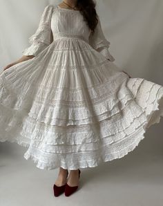 Cream Cottagecore Victorian Wedding Dress, Vintage Cream Prairie Dress For Garden Party, White Vintage Victorian Dress For Spring, Bohemian Victorian Dress With Ruffles For Wedding, Vintage Cream Tea Length Dresses, Cottagecore Cream Prairie Dress For Wedding, Cream Cottagecore Prairie Dress For Wedding, White Victorian Style Dress, Vintage Cream Tea-length Dresses