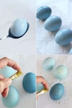 the process of painting eggs is shown with gold and blue glazes on them