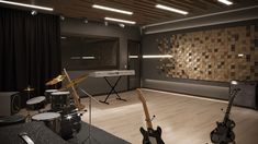 a room with guitars, drums and sound equipment