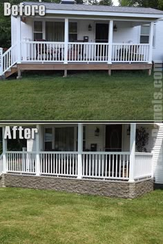 before and after photos of a house with grass on the roof