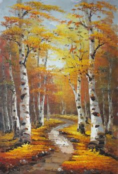 an oil painting of trees with yellow leaves