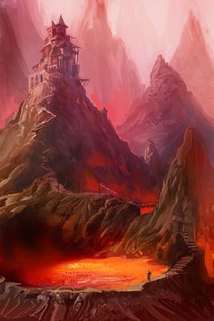 an artistic painting of a mountain scene with a castle in the middle and lava surrounding it