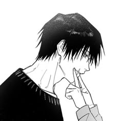 an anime character with black hair holding his finger up