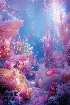 an underwater scene with fish and corals