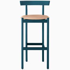 a blue bar stool with a wooden seat and back rest on an isolated white background