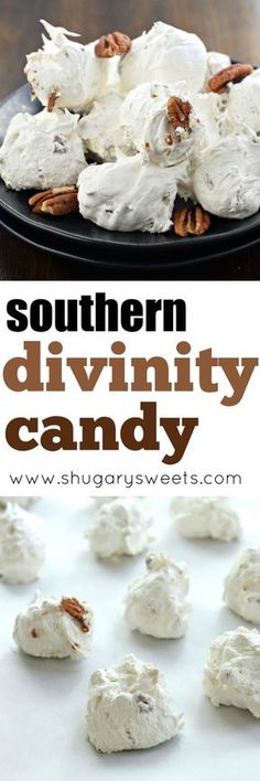 there is a black plate with white frosting and pecans on it that says southern divinity candy