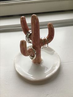 a small cactus on a white plate with two rings attached to it's neck