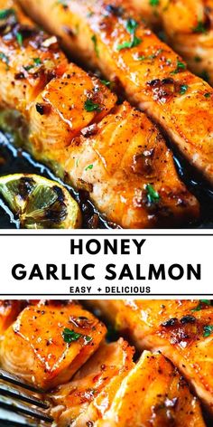 honey garlic salmon on a grill with the title overlay reading honey garlic salmon recipe