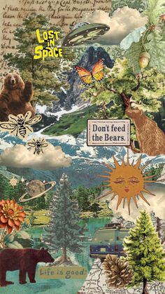 a collage of animals and plants with the words lost in space on it's side