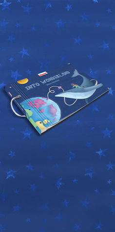 an open book on a blue background with stars in the shape of animals and fish