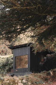 a small building sitting in the middle of a forest