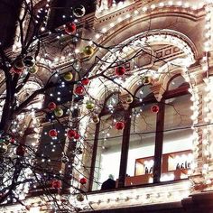 christmas lights are hanging on the side of a building