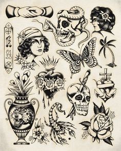 an old school tattoo design with skulls and flowers