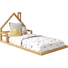 a small bed with a wooden frame and white bedspread on top of it