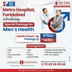 Men's Health Check Alert! During Men's Health Week, take charge of your health with a comprehensive Men's Health Check up package at Metro Hospital, Fbd for just ₹1499! Valid from 10th to 16th June. Package includes: ✅ ECG ✅ CBC ✅ LFT ✅ KFT ✅ HbA1c ✅ TSH ✅ Ultrasound (W/A) ✅ Urine Routine ✅ Lipid Profile ✅ PSA ✅ Expert Consultation Don't miss out on this amazing offer! 📞 Book now at 7065660066. Your health matters! #MensHealth #menshealthweek #HealthCheck #MetroHospitalfaridabad #Hea... Healthcare Branding, Lipid Profile, Graphic Design Ads, Hospital Design, Men's Health, Take Charge, Men’s Health, Health Check, Health Matters