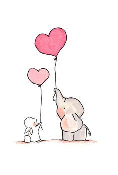 an elephant and a dog are holding blue heart balloons