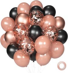 a bunch of black and rose gold balloons with confetti on them are shown