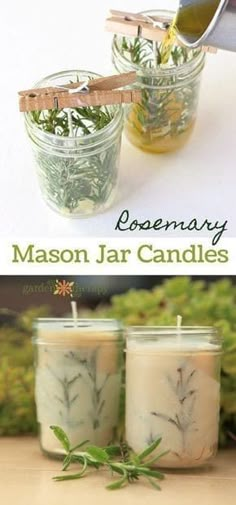 two mason jar candles with rosemary in them and the words rosemary written on each candle