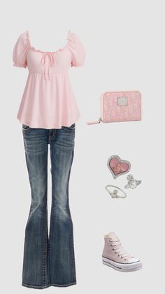 Outfits With Pink Top, Girly Outfits Jeans, Sweet Outfits Girly, Dollete Fashion, Sweetheart Outfit, Coquette Outfit, Outfit Inspo Casual, 2000s Fashion Outfits, Simple Trendy Outfits