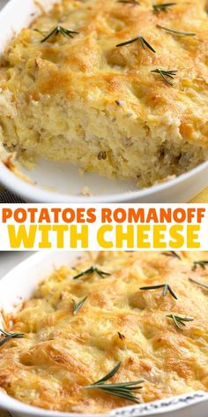 two pictures of potatoes and cheese in a casserole dish with text overlay