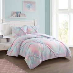 pink and blue tie dye ruffled accent bedding