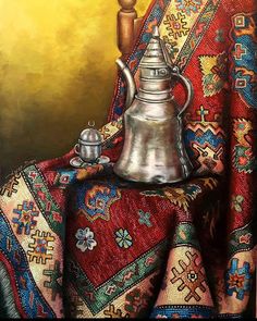 a painting of a silver teapot on a colorful blanket