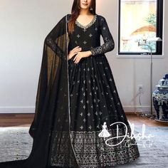 Black Anarkali gown Flared gown with dupatta Full flair dress Indian wedding dress Sequins Embroidery anarkali suit Readymade gown GOWN   :- 👇 FABRICS      :- Faux Georgette  WORK       :- Metalic Foil Work +hand work in neck  SIZE         :- M(38"), XL(42") LENGTH   :- 57 INCH SLEEVES    :- Full Sleeves STITCHING TYPE :- With can can DUPATTA :-👇 FABRIC   :- Faux Georgette WORK     :-Lace on Border LENGTH       :- 2.3 MTR Iner FABRIC :- silk crepe PACKAGE CONTAIN :- 1-Gown,1-Dupatta WEIGHT Black Floor-length Dress With Pallu Detail, Black Floor-length Dress With Pallu, Black Long Gown For Festive Occasions, Festive Black Long Gown, Semi-stitched Black Gown For Eid, Black Embroidered Semi-stitched Gown, Black Anarkali Semi-stitched Gown, Black Semi-stitched Anarkali Gown, Black Floor-length Gown For Diwali