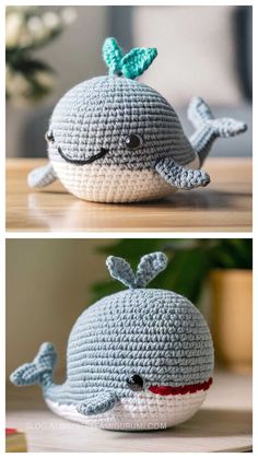 crocheted whale toy sitting on top of a table