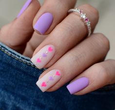 Mother Daughter Nails Ideas, Purple Valentines Day Nails Short, Pink And Lavender Nails, Purple Nails With Hearts, Purple Valentines Nails, Easy Valentines Day Nails, Uñas Color Pastel, Purple Flower Nails, Hearts Nail Art