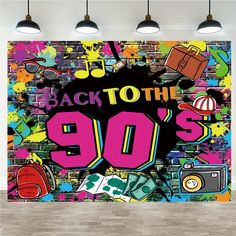 the back to the 90's wall mural is painted in bright colors and has various items on it