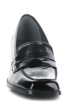 A classic penny keeper and loafer-inspired topline lend timeless sophistication to a leather pump balanced by a squared-off moc toe and sculptural block heel. 2 1/4" heel Cushioned footbed Leather upper/textile lining/rubber sole Made in Portugal Classic Patent Leather Slip-on Loafers, Fitted Almond Toe Moccasins For Galas, Classic Slip-on Platform Loafers With Closed Toe, Elegant Black Square Toe Oxfords, Sleek Patent Leather Office Loafers, Luxury Platform Loafers With Rubber Sole For Formal Use, Luxury Platform Loafers With Rubber Sole For Formal Occasions, Slip-on Loafers With Padded Heel For Office, Luxury Formal Platform Loafers With Rubber Sole