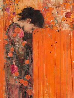 a painting of a woman with her head down and flowers in her hair, against an orange background