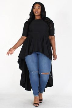 PLUS Empire waist hi lo top PLUS SIZE Empire waist hi-low top with bow detail and ruffle trim. Hi Low Shirt Outfit, Plus Size Silhouette, High Low Peplum Top, Fancy Wardrobe, Empire Waist Top, Goth Wardrobe, Racing Fashion, Empire Waist Tops, Plus Size Work