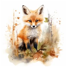 a watercolor painting of a little fox