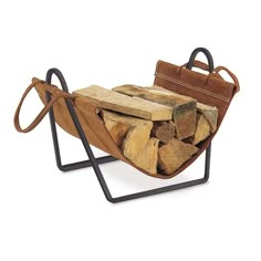 a firewood holder with logs in it and a bag on the back, against a white background