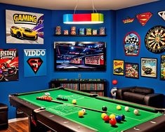 a game room with pool table, arcade games and other items on the wall behind it