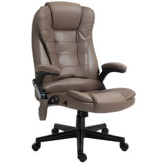 a brown office chair sitting on top of a black base