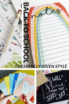 the back to school printables are displayed on top of each other, including notebooks and pens