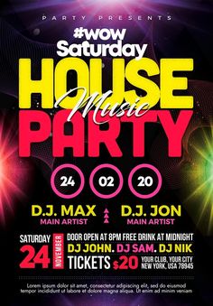 the house music party flyer is shown in purple and yellow colors, with bright lights