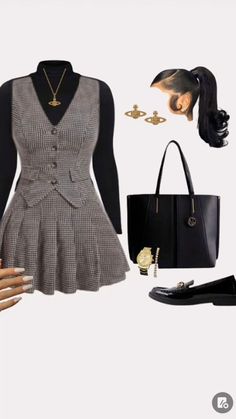 Black girls outfit grey two pieced follow for more @Efua6 Dressy European Outfit, All Black Birthday Outfit Classy, 6form Outfits Uk, Nyc Fashion Black Women, Business Formal Outfits For Women Skirt, Waist Coat Outfit Women Aesthetic, Girly Professional Outfits, Classy Day Outfit, 2014 Style Outfit